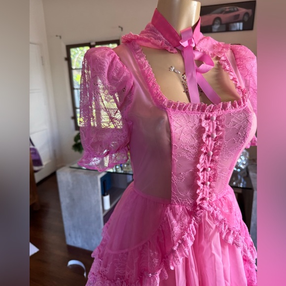 Current Mood Vibrant Pink Lace Layered Semi Sheer Maxi Dress size S NWOT - Picture 4 of 17